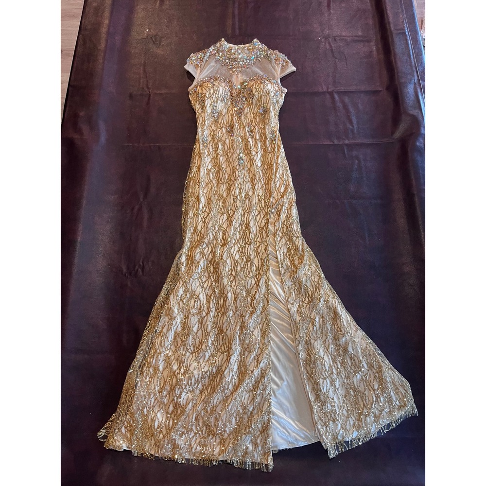 Cinderella Divine Gold Glitter Rhinestone Formal Gown Mermaid Dress Sz 8